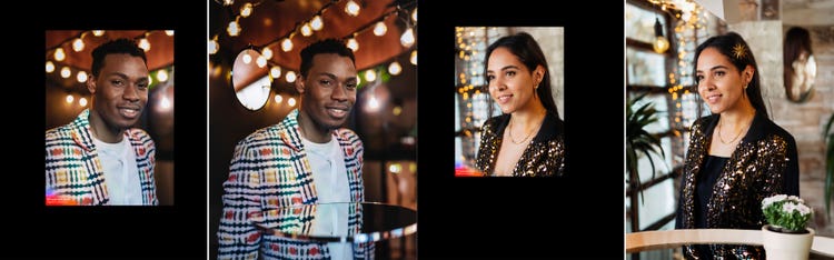 Four AI-genrated portraits of (from left to right) two of a Black man (one cropped with a heavy black frame around around it and the other showing a full interior background) and two of a white woman (one cropped with a heavy black frame around around it and the other showing a full interior background)