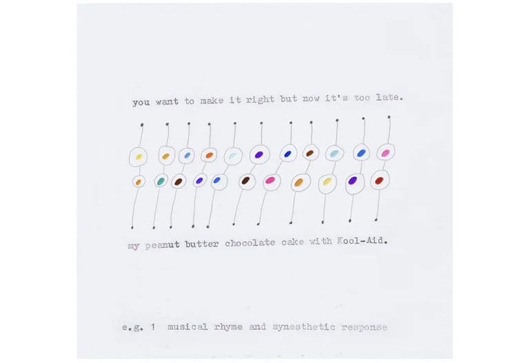 Pencil lines connect colors to the lyrics sandwiching them: “you want to make it right but now it’s too late. my peanut butter chocolate cake with Kool-Aid.”
