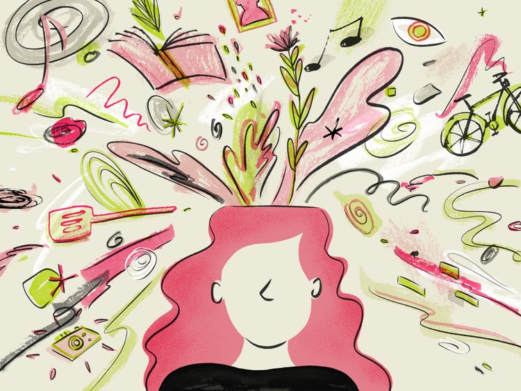An illustration of a woman with long, wavy pink hair. Light pink and lime green waves and patterns come out of her head, as well as various objects, such as a book, bike, and spatula.