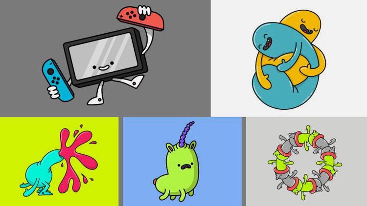 Two rows of digital comic illustrations. Top row (left to right): An iPad with legs and arms holding remote controls; two blobs (one yellow and one blue) hugging and smiling. Bottom row (left to right): a blue blob with red goo squirting out of its nose, a green unicorn with a purple horn, a wreath of alternating green and grey cats.