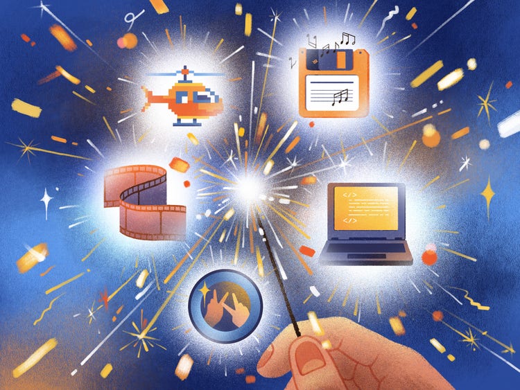 Colorful confetti and glowing particles create a magical atmosphere in this illustration of a hand holding a sparkler radiating bright sparks against a blue background. Surrounding the sparkler are icons representing creativity and technology: a pixelated orange helicopter, a floppy disk with musical notes, a strip of film, a laptop with code on the screen, and a circular badge with two hands each doing the peace sign gesture.