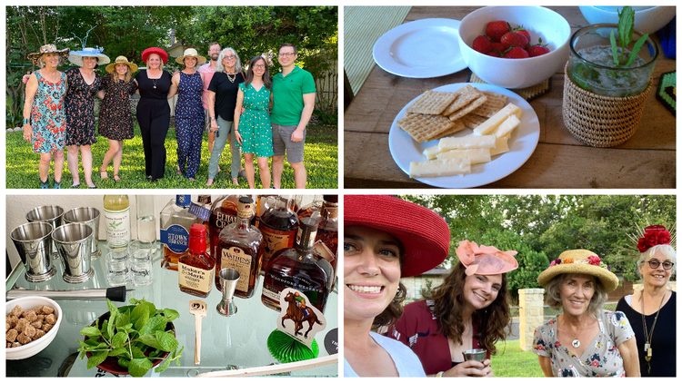 Four photographs of an oudoor gathering. Top row left to right: Nine people, some wearing fancy hats, smiling for the camera; a plate of cheese and crackers, a bowl of berries, and a Mint Julep. Bottom row left to right: A mini bar with the ingredients to make Mint Juleps (bourbon, sugar, sprigs of mint); four women in fancy hats smiling for the camera.