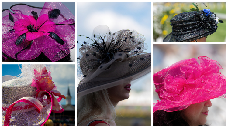 A collage of five photographs showing details of elaborately decorated women's straw hats. Left: black feather details and a fuschia silk flower and lace (top); pink and white ribbon and a pink fower on a white straw hat (bottom). Center: a white straw hat embellished with black lace, feathers, and white-with-black-polka-dots ribbon. Right: a simple black straw hat with a black-and-royal-blue flower, and black ribbon and feathers (top); a fuschia pink straw hat with fuschia pink ribbons, lace, and flowers (bottom).