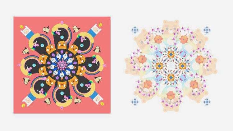 Two symmetrical digital illustration (in a mandala style). On the left, on an orange background, are faces, flowers, birds and totems in various vibrant colors (yellow, pink, blue, orange, black) and on the right, on a white background are teddy bears and flowers in a muted color palette of pink, purple, blue, tangerine, yellow).
