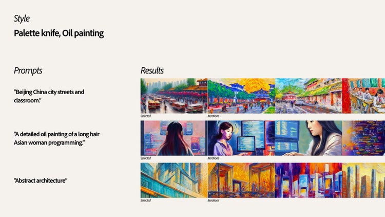 A screenshot of Adobe Firefly. Top row slide text. Style: Palette knife, Oil painting. Second row text and images. Prompt: Beijing China city streets and classroom. Three AI-generated images showing streetscapes and waterscapes and a fourth of children in a classroom (the image on the left is marked Selected). Third row text and images. Prompt: A detailed oil painting of a long-hair Asian woman programming. Four AI-generated images showing variations of dark-haired asian woman seated at a computer, one of them with her back to the viewer (the image on the left is marked Selected). Fourth row text and images. Prompt: Abstract architecture. Four AI-generated images showing variations of modern architecture (the image on the left is marked Selected).
