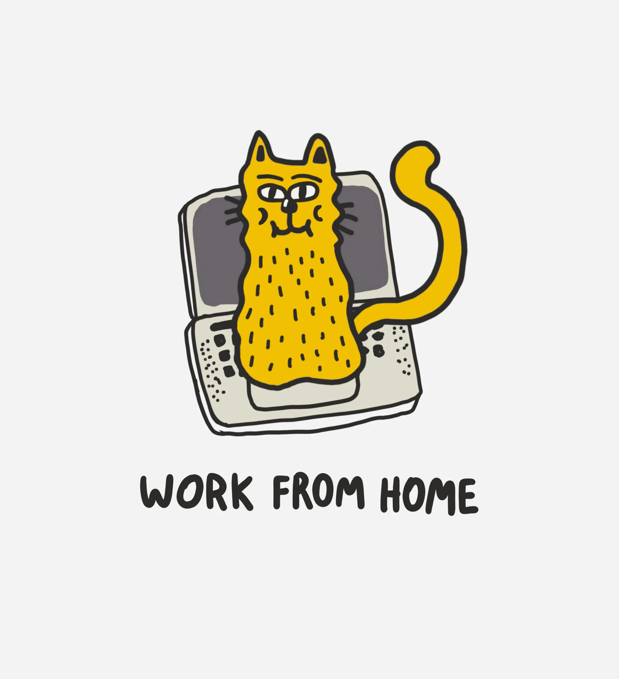 An illustration of a cat sitting on a laptop keyboard with the caption Work from Home.