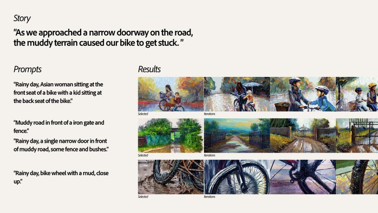 A screenshot of Adobe Firefly. Top row slide text. Story: As we approached a narrow doorway on the road, the muddy terrain cause our bike to get stuck. Second row text and images. Prompt: Rainy day, Asian woman sitting at the front seat of a bike with a kid sitting at the back seat. Four AI-generated images showing a woman riding a bicycle with a child on the back (the image on the left is marked Selected). Third row text and images. Prompts: Muddy road in front of iron gate and fence. Rainy day, a single narrow door in front of muddy road, a fence and bushes. Four AI-generated images showing variations of a road leading to a gate (the image on the left is marked Selected). Fourth row text and images. Prompt: Rainy day, bike wheel wth mud close-up. Four AI-generated images showing variations of a muddy bicycle tire (the image on the left is marked Selected).