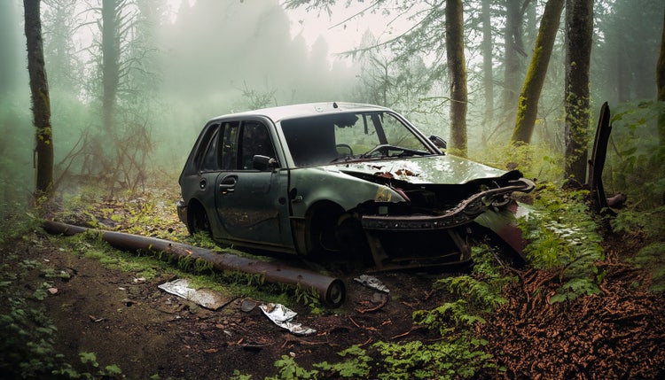 An AI-generated photograph of an abandoned, wrecked car (with a dented hood and front end) rotting into the earth in a fogged-in grove of trees.