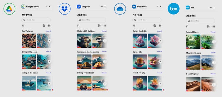 A multi-panel image showing AI-generated illustrations saved to four different cloud storage services (Google Drive, Dropbox, One Drive, and Box).