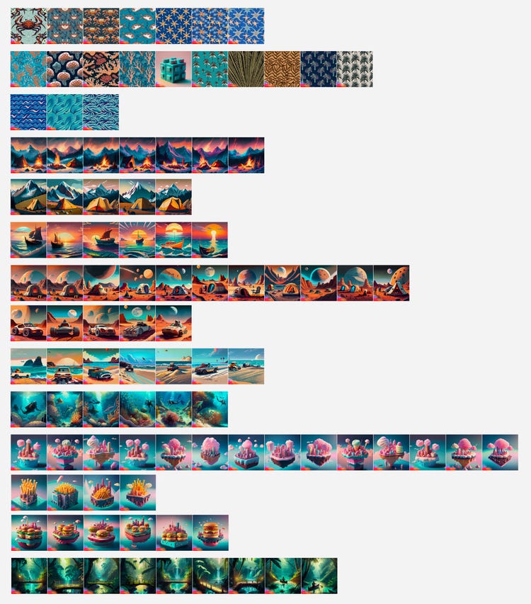 A screenshot showing 14 rows of thumbnails of AI-generated illustrations.