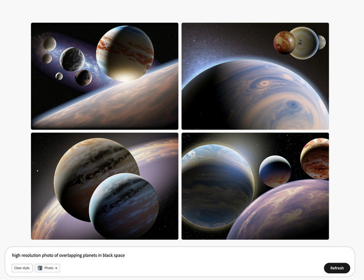 A screenshot of Adobe Firefly with four AI-generated illustrations (in more of a photo-illustrative style) of close-up views of planets