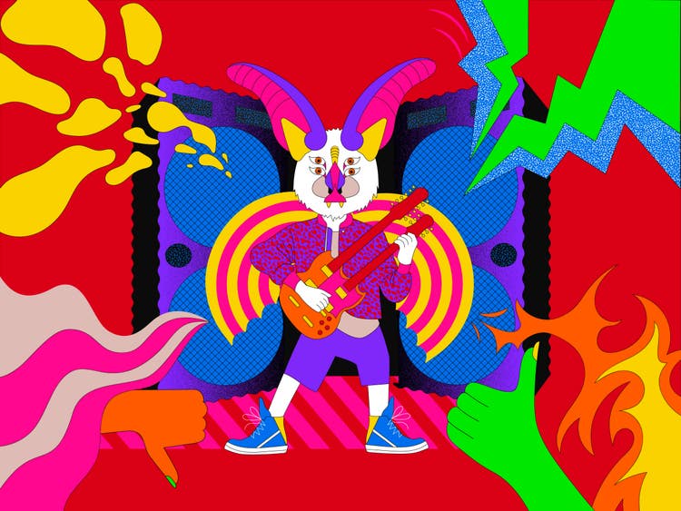 At the center of a vividly-hued digital illustration against a red background is a hybrid animal—with big ears and two sets of eyes—wearing a track jacket, shorts, and high-top sneakers, and playing a two-necked guitar in front of two large speakers emitting lightning bolts, flames, and sound waves. A hand giving a thumbs up is in the lower right corner and a hand giving the thumbs down is in the lower left.