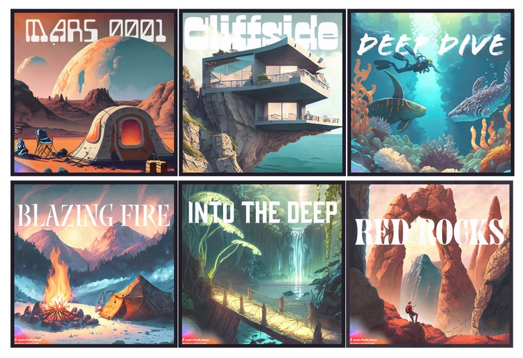 Two rows of three AI-generated illustrations with text applied. Top row (left to right): a lunar campsite that reads Mars 0001; a modern home built on a cliff that reads Cliffside; a scuba diver swimming in the ocean that reads Deep Dive. Bottom row (left to right): A bonfire outside a tent that reads Blazing Fire, a tropical waterfall scene that reads Into The Deep, a man standing inside a rock formation that reads Redrocks.