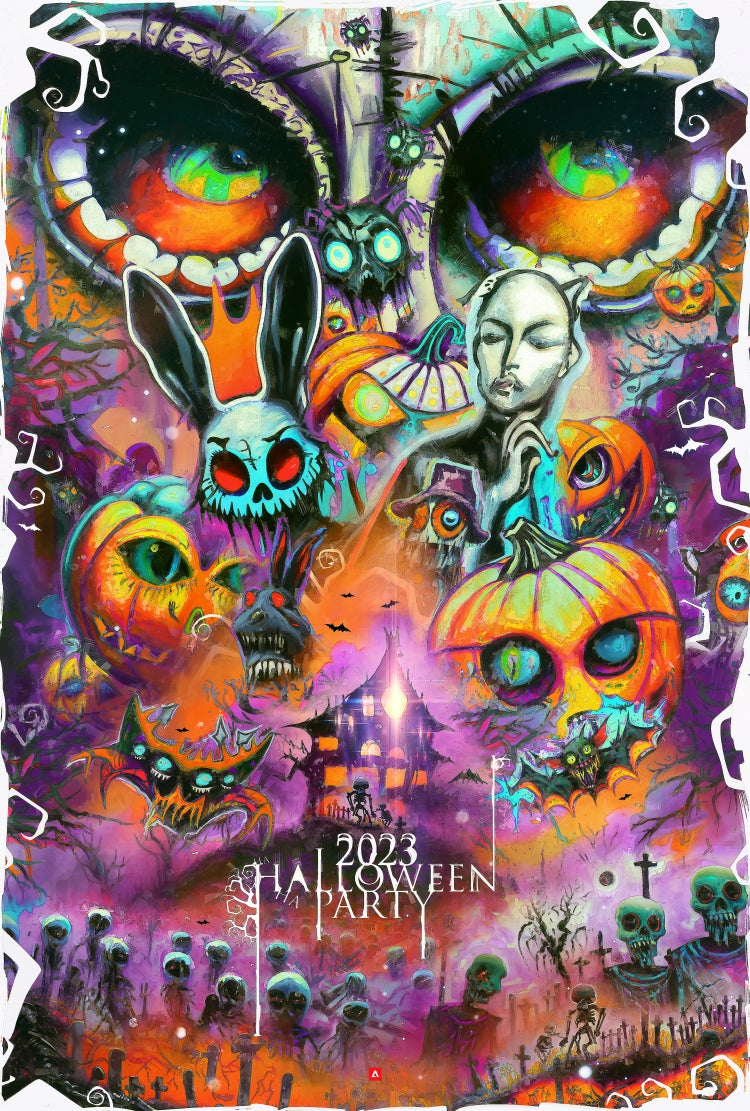 A Halloween poster comprised of 44 AI-generated illustrations including pumpkins with cat eyes, skeletons, a fiendish rabbit, a zombie, bats, a haunted house, a graveyard, and an appropriately dark (purple, black, and orange) graffiti background.