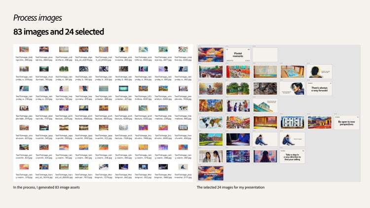 A a split-screen screenshot. On the left are 83 thumbnail images of AI-generated illustrations and on the right are 24 thumbnail images of AI-generated illustrations.