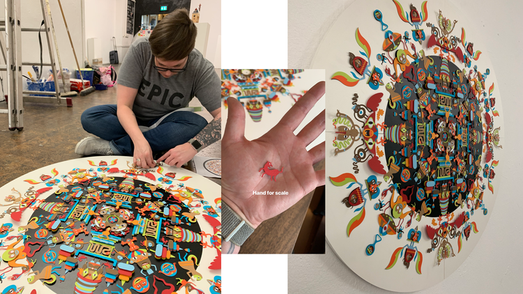 Three photographs: On the left is a person sitting on the floor assembling a cut-paper mandala; in the center one of the smaller pieces in the palm of a hand and the words "hand for scale"; on the right is the completed cut-paper mandala hanging on a wall.
