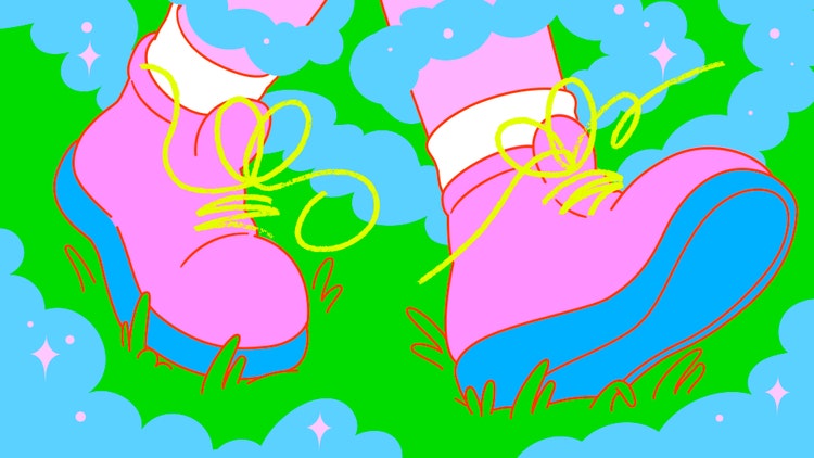 A cartoon-style digital illustration on a blue background with scattered pink diamonds. A pair of feet, wearing white anklet socks inside pink boots with blue soles and yellow laces, walks through a field of grass.