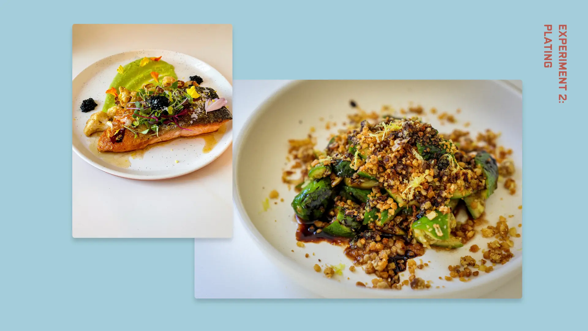 Two photographs of plates of food on a light blue background. From left, one is painstakingly organized and ordered and the other is pleasantly piled with food.