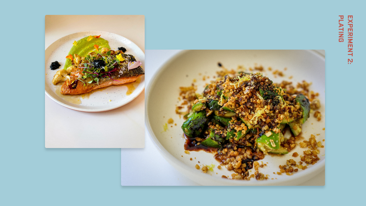 Two photographs of plates of food on a light blue background. From left, one is painstakingly organized and ordered and the other is pleasantly piled with food.