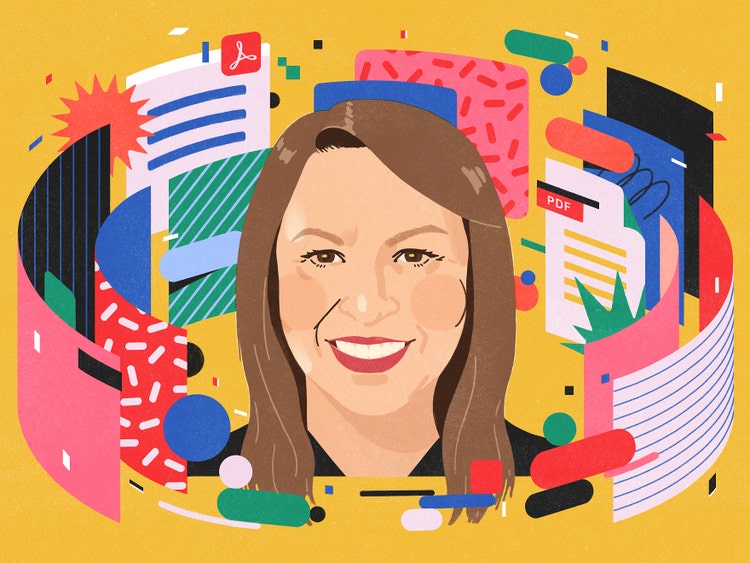 A digital illustration of a white woman, with shoulder length brown hair wearing a black T-shirt, encircled by variously-sized documents in blue, pink, red, black, and green against a mustard yellow background.
