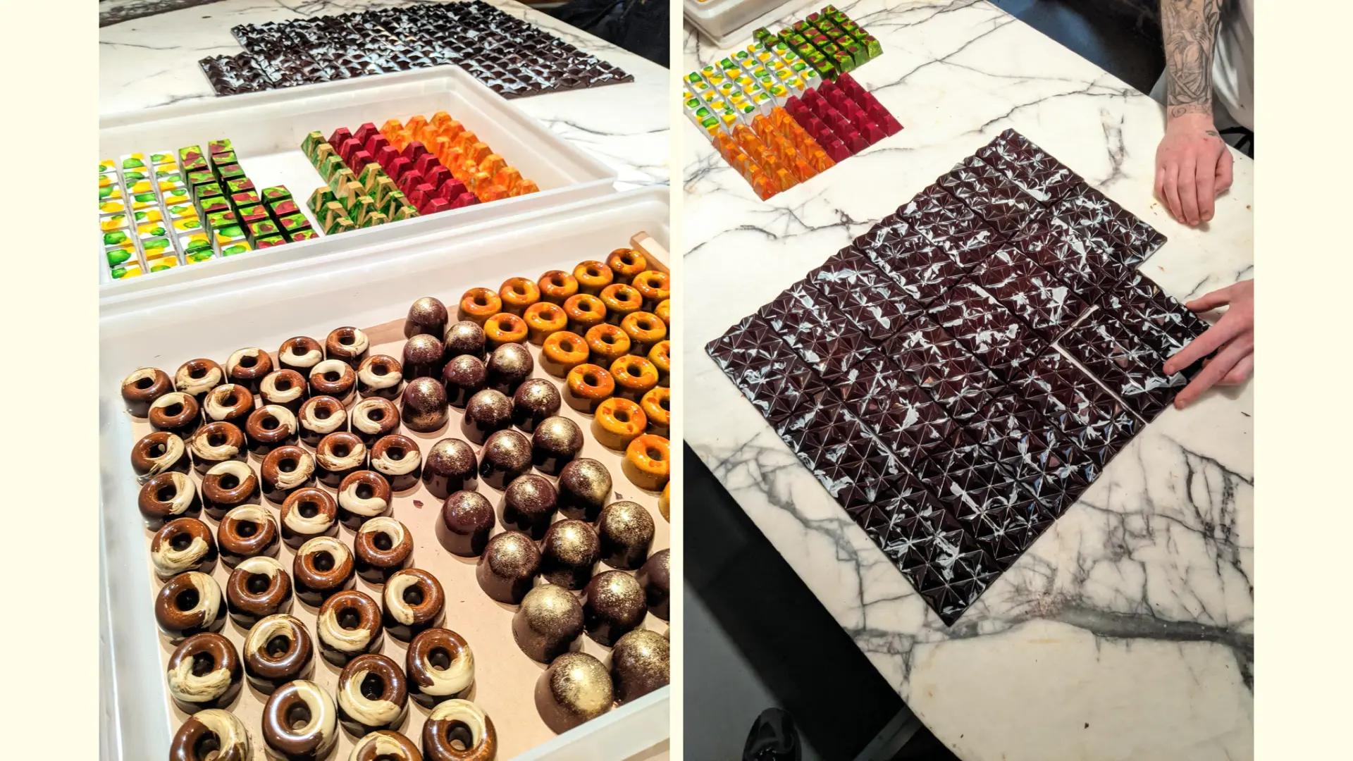 Two photographs: On the left, trays of chocolates on a marble counter and on the right, chocolate bars on a marble counter.