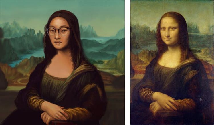 Two images side by side: On the left a digital painting of a seated Asian woman with glasses facing forward with a slight smile and arms crossed at the wrists; on the right, the painting from which it was copied.