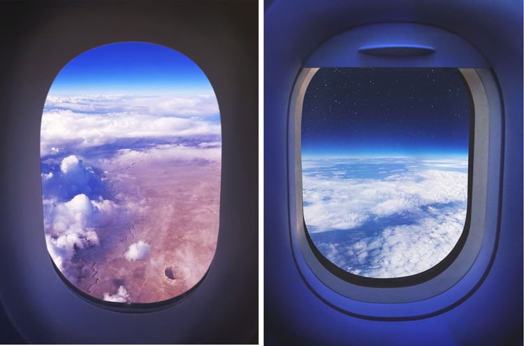 Two images of clouds photographed from above and framed by the oval windows of an airplane.