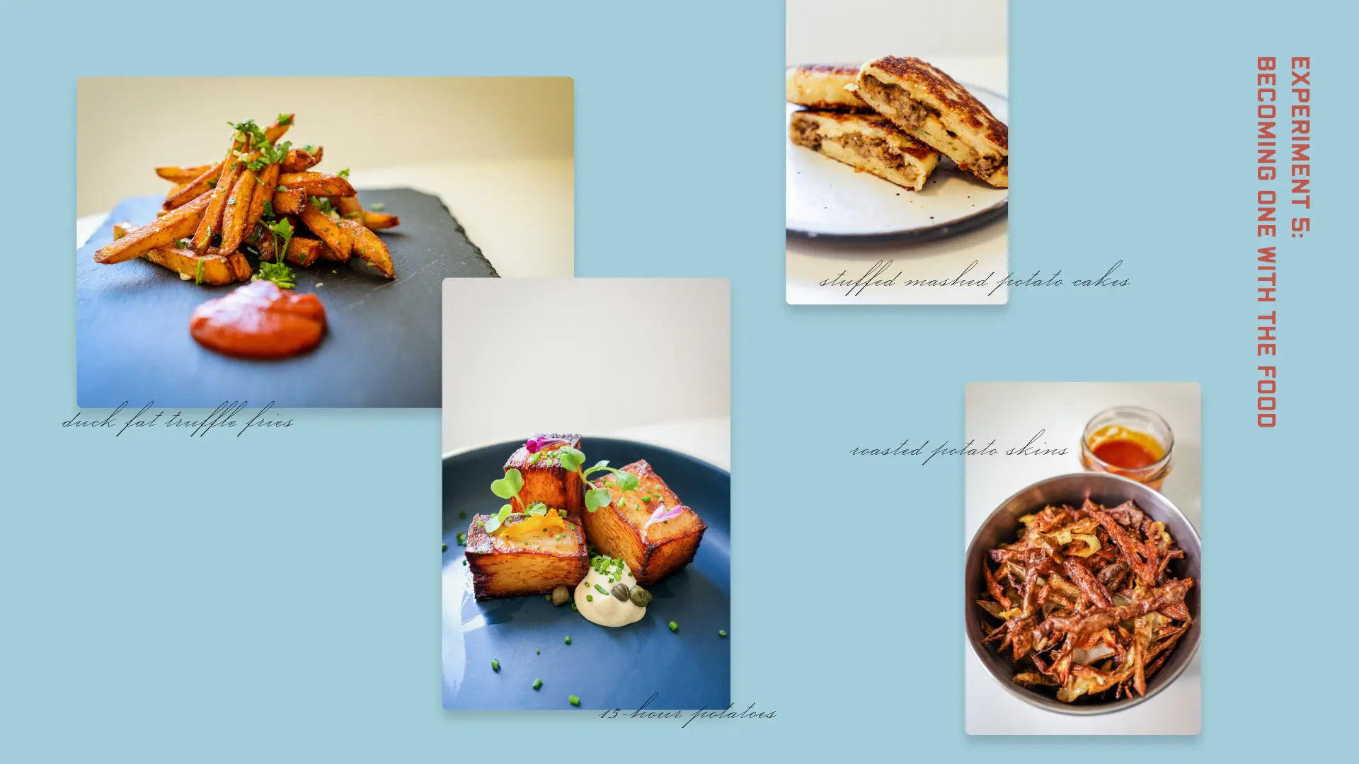 Four photographs of food on a light blue background. Clockwise from left: French fries and a mound of ketchup on a black platter three cubes of potato with a mound of aioli on blue plate, three potato cakes on white plate, and roasted potato skin slices in a stainless steel bowl.