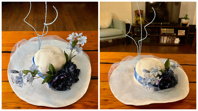 Two photographs of the same hite straw hat with light and dark blue silk flowers, light blue ribbon and taffeta, and wire spirals wrapped in light blue ribbon. .