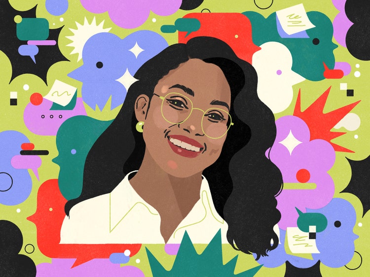 A digital illustration of a Black woman with long dark hair and a big smile. She's wearing a white button-down blouse and gold-rimmed glasses. The lime green background has variously-sized speech bubbles (some with sticky notes inside them and others loosely resembling faces in profile) in blue, lavender, orange, and green.