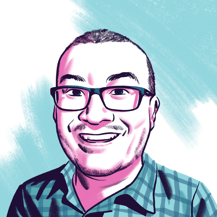 A cartoon-style illustration of a broadly smiling man wearing dark-rimmed glasses and a blue plaid button-down shirt.