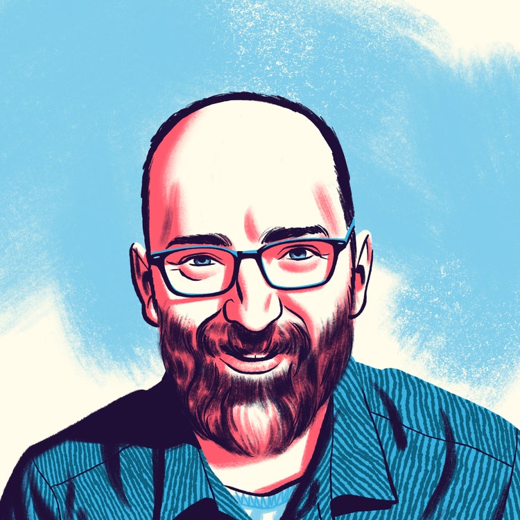 A cartoon-style illustration of a bald man with glasses and a beard, wearing a blue striped shirt with an open collar..
