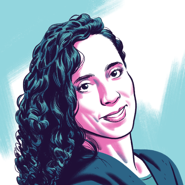 A cartoon-style illustration of a smiling woman with long, dark, curly hair wearing a blue cardigan over a teal T-shirt.