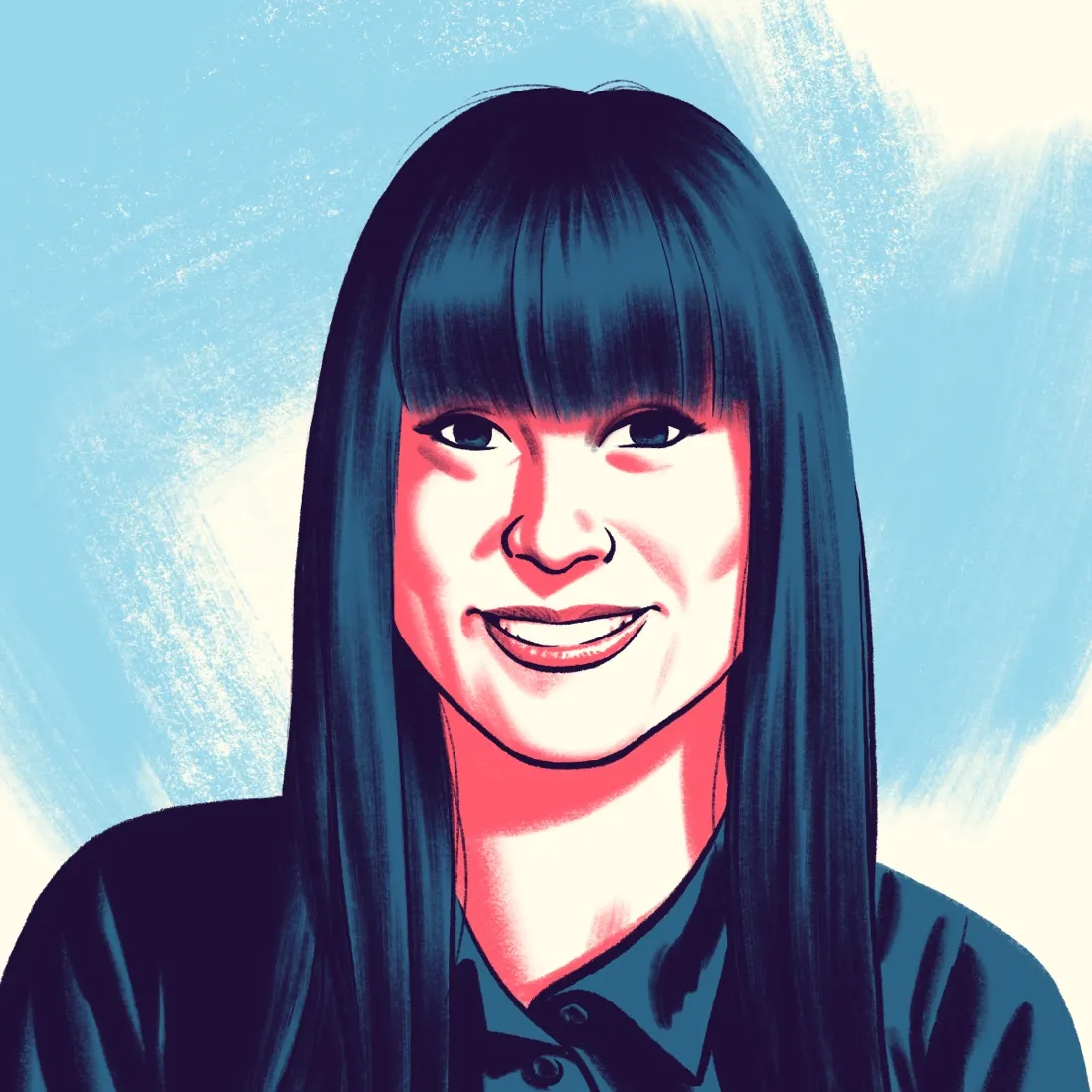 A cartoon-style illustration of a woman with long dark hair and bangs wearing a black button-down shirt.