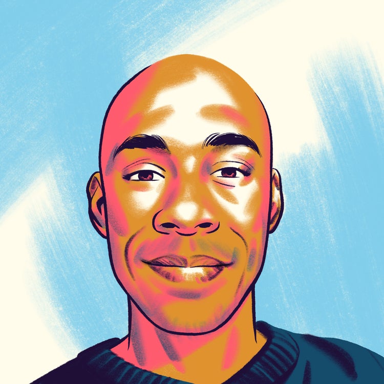 A cartoon-style illustration of a smiling man, with a shaved head, wearing a blue crew-neck sweater.