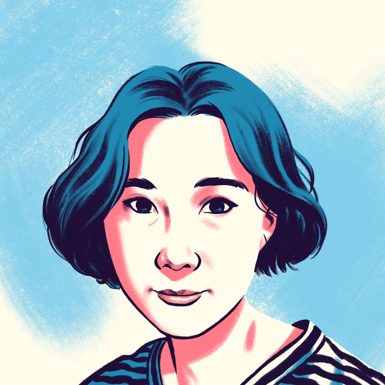 A cartoon-style illustration of a young Asian woman with a bob wearing a striped V-neck T-shirt. .