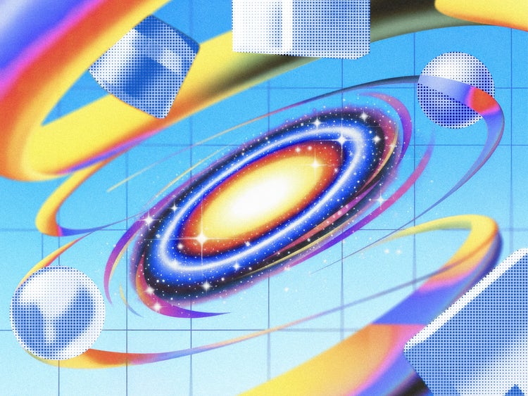 A retro-futuristic galaxy scene representing Photoshop as the center of new AI partner AI models. The abstract digital artwork features a glowing galaxy-like swirl at the center with bright yellow, orange, and blue rings orbiting it. The background is a light blue grid, and several geometric shapes—spheres and cubes with halftone patterns—float around the composition.