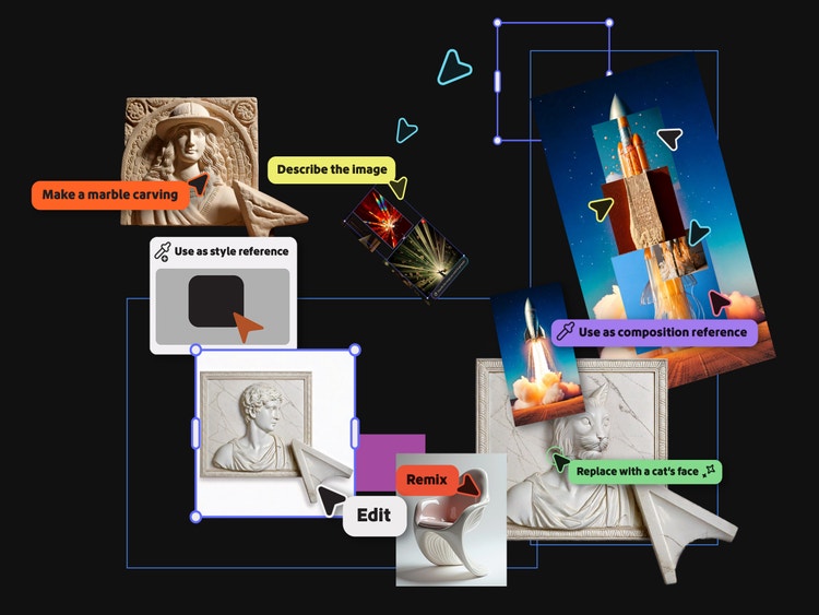 A digital collage featuring various elements related to image editing and design. The central focus is a marble bust, with several floating icons and images around it (including a rocket launch, a cat's face, and an abstract art piece). Text labels indicate actions like Make a marble carving, Describe the image, Use as style reference, Use as composition reference, Edit, and Replace with a cat's face. Various arrows and lines connect these elements, suggesting different editing options or steps in the creative process.