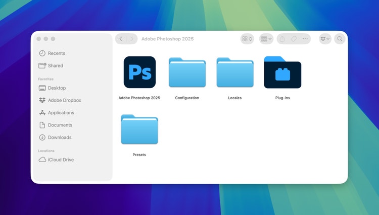 A finder window titled "Adobe Photoshop 2025" showing five items: a Ps app icon (dark blue square with rounded corners and light blue Ps letters on a dark blue background) alongside folders labeled Configuration, Locales, Plug-ins (a dark blue folder icon with a simplified plugin symbol in light blue), and Presets. A sidebar includes shortcuts to Recents, Shared, Desktop, Adobe Dropbox, Applications, Documents, Downloads, and iCloud Drive.