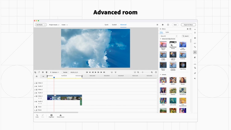 A screenshot of a photo editing software interface on a white background with a faint geometric grid. Titled Advanced room, the interface shows a video preview of clouds in the sky, a timeline with multiple video and audio tracks, and various editing tools and options in a right hand panel.