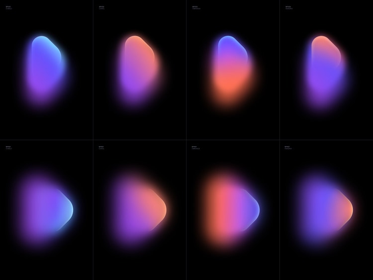 Two horizonal rows of four Frame.io's new gradient spotlight shapes created from the brand color palette—Cobalt, White, Electric (teal blue), Iris (purple), and Coral—on a black background.