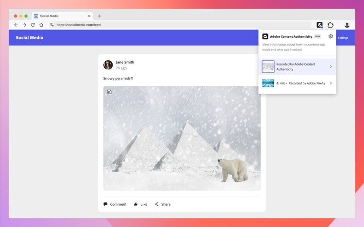 A mock-up of a social media post, published by Jane Smith 7 hours ago. The content includes an image of a polar bear walking in front of three pyramids in a snowy landscape beneath a caption that reads, "Snowy pyramids?" In the top right corner, there's a notification from Adobe Content Authenticity Initiative indicating that two new items have been received: one is labeled "Recorded by Adobe Content Authenticity" and the other is labeled "AI info - Recorded by Adobe Firefly."