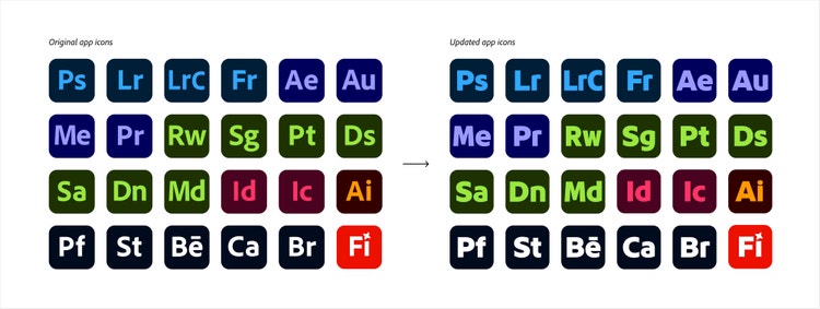 A side-by-side comparison of Adobe app icons on a white background. The original set on the left shows 24 square icons with two-letter abbreviations like Ps, Lr, Fr, Ae, Ai in varied colors and darker tones. The updated set on the right features the same icons with brighter hues, higher contrast, and bolder text.