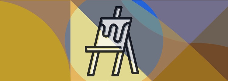 Centered on a background of overlapping geometric shapes in muted tones of yellow, brown, blue, and gray is a simple black outline of an artist’s easel. Paint is dripping down from the top of a canvas propped against it.