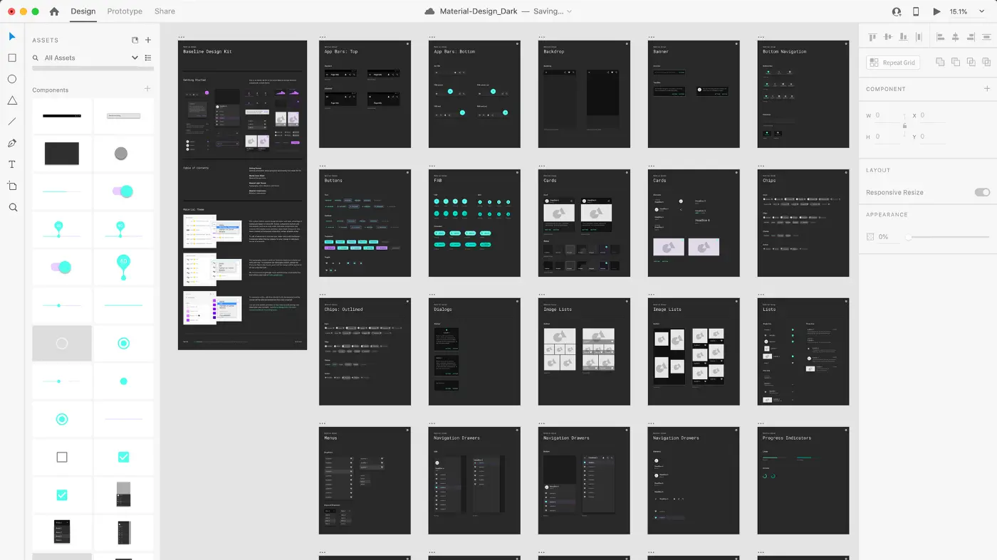 Google Material Design UI Dark Theme laid out as components across many artboards in Adobe XD.