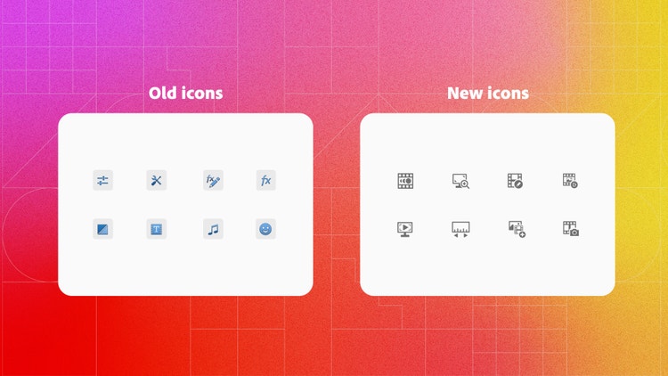Two images comparing old and new in-app icons on a purple-to-pink-to-yellow gradient background with a faint geometric grid. The old icons (left) include sliders, a wrench and screwdriver crossed inside a square, a T inside a strip of film, a smiley face icon, and a music note icon. The new icons (right) include three dots inside a strip of film, a strip of film with a pencil in the corner, a computer monitor with a play button, and a strip of film with a camera.