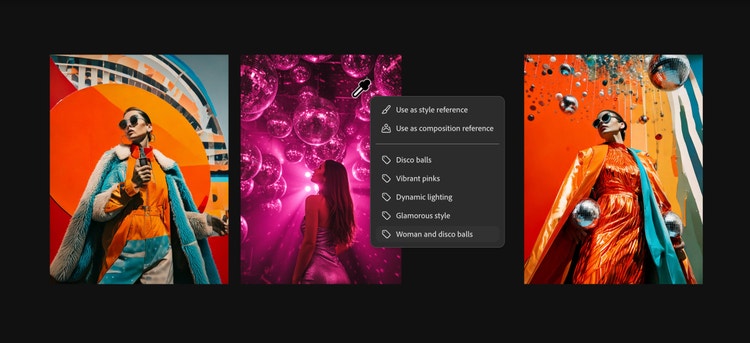 Three photographs side by side. The photograph on the left features a person wearing a colorful outfit and holding an ice cream cone, against a vibrant background of geometric shapes. The middle photograph depicts a person standing under numerous disco balls with vibrant pink lighting. The photograph on the right shows another person in an extravagant outfit, surrounded by floating disco balls and an abstract background. An overlay menu in the middle of the image includes options such as Use as style reference, Use as composition reference, Disco balls, Vibrant pinks, Dynamic lighting, Glamorous style, and Woman and disco balls.