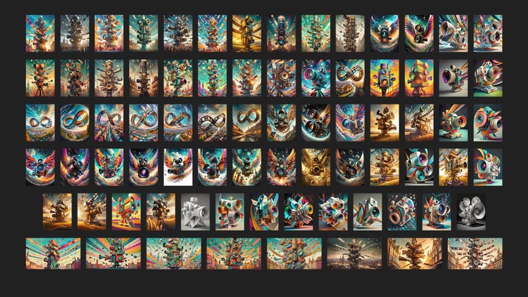 A screenshot of 77 thumbnail images, against a black background, of various types of cameras, mobius strips formed of endless cycles of films, multiple lenses creating multiple frames of reference, and cameras as totem attached to poles.