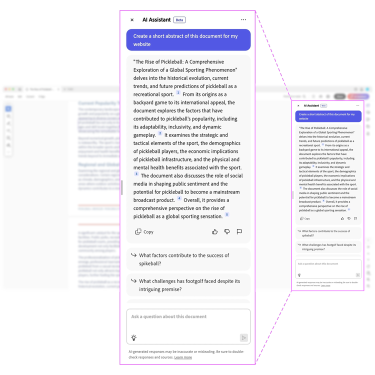 A blurry screenshot of a document open in Adobe Acrobat's viewer. Superimosed over it is exploded view of the right side panel showing how to use prompts in AI Assistant to create a brief abstraction of the document. .