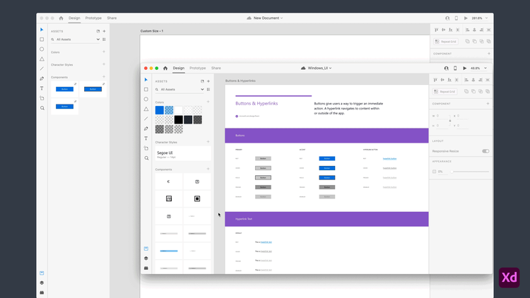 An Adobe XD UI showing how changes applied to buttons are automatically pushed to documents that use those components.